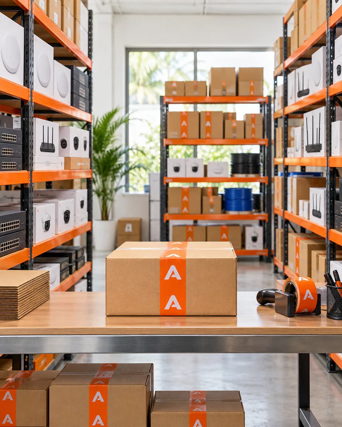 Organised AccessStore.lk stock room with boxed networking products