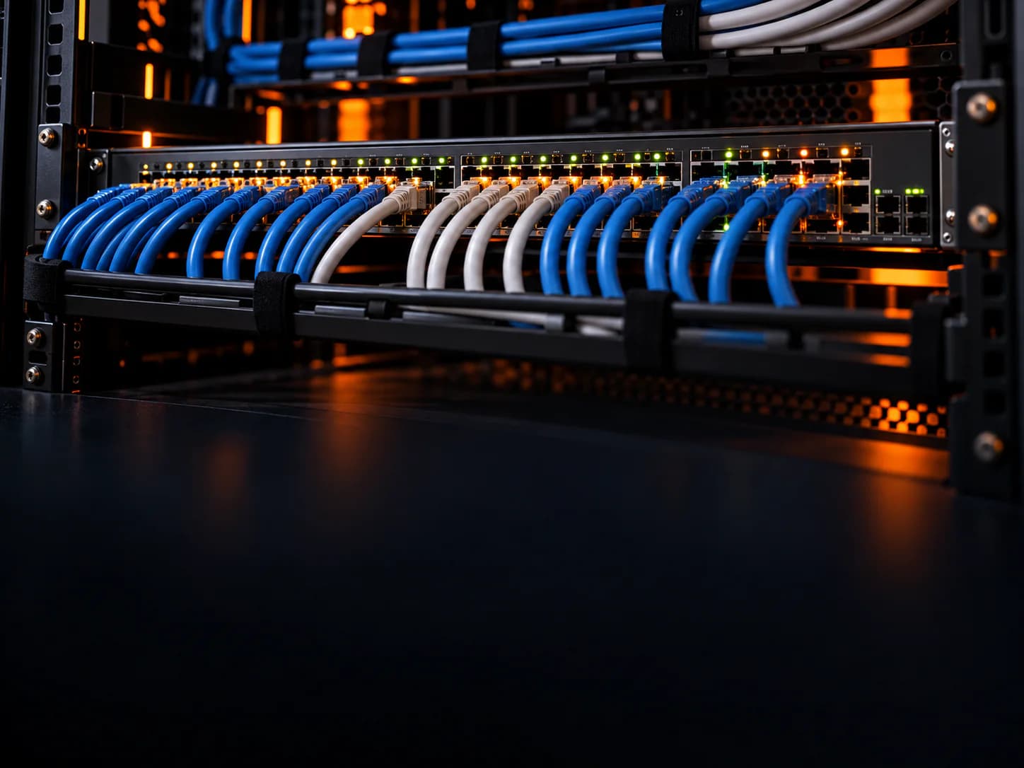 Managed network switch with patch cables connected in a server rack