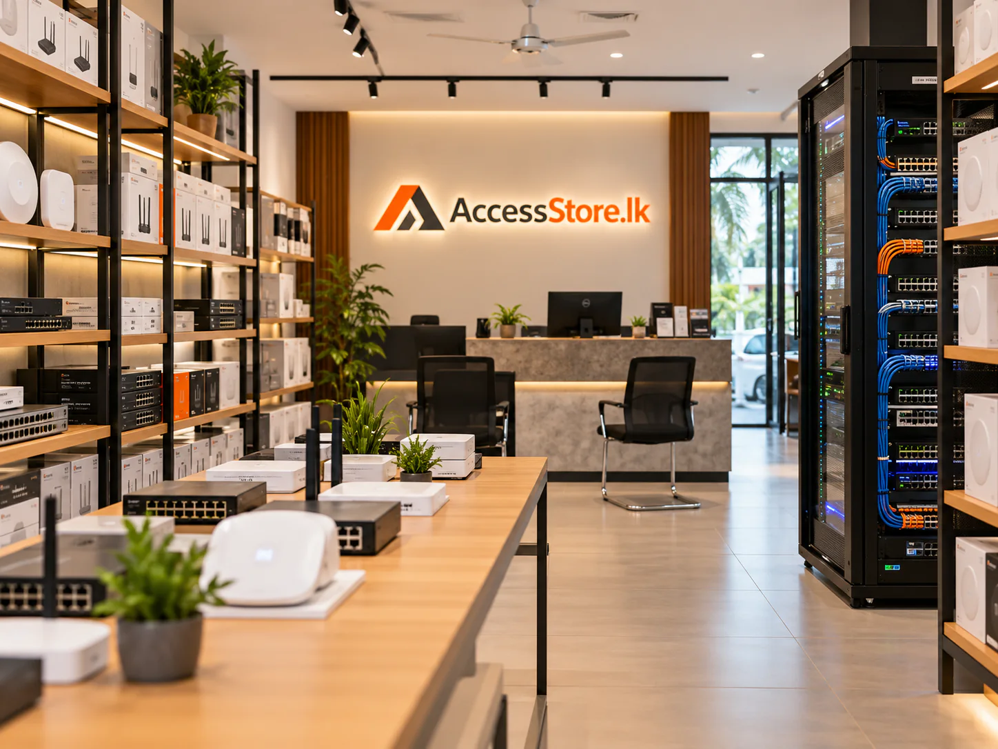 AccessStore.lk networking equipment showroom with organised shelves and a demo network rack