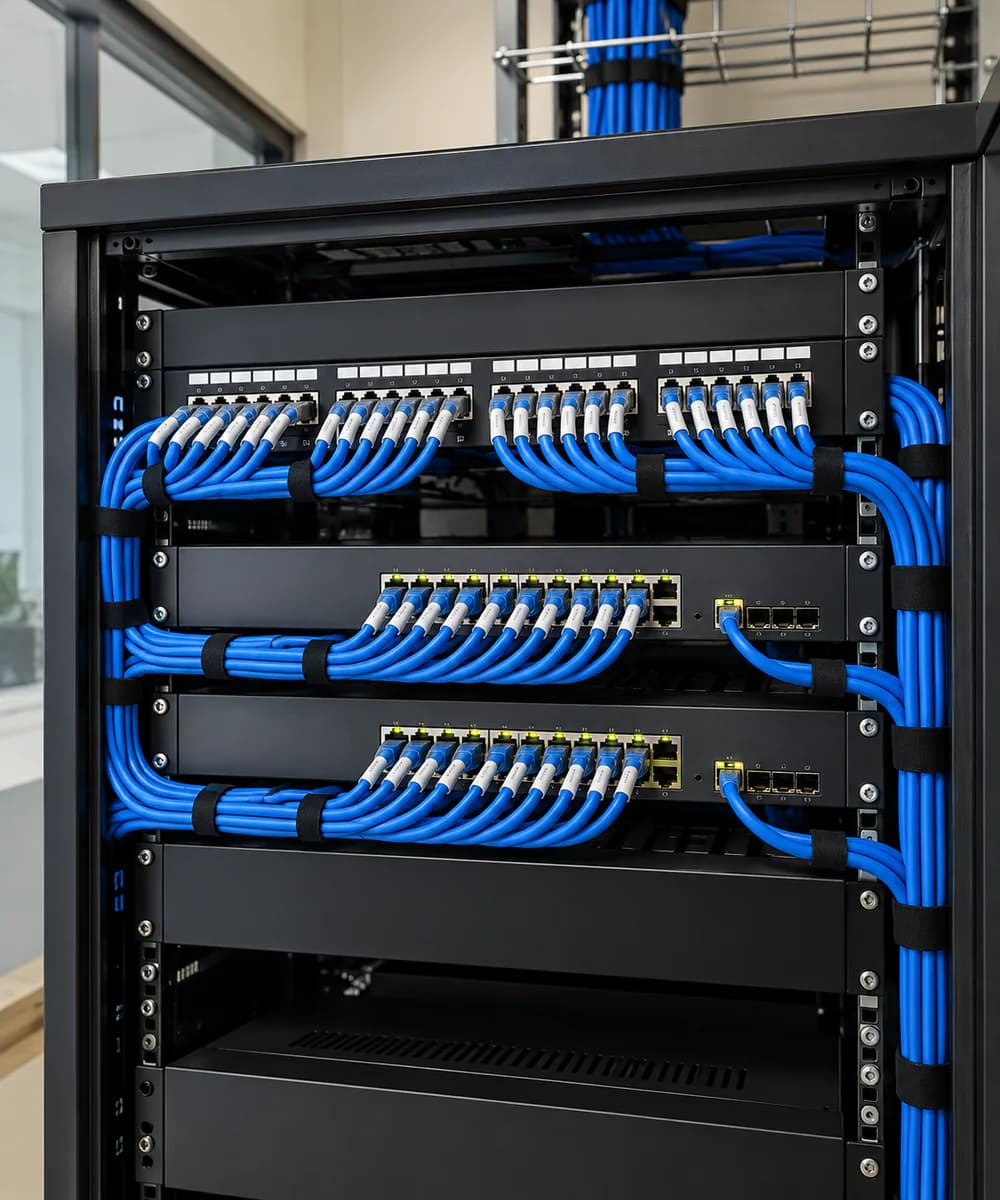 Rack with managed PoE switches installed in an office server room